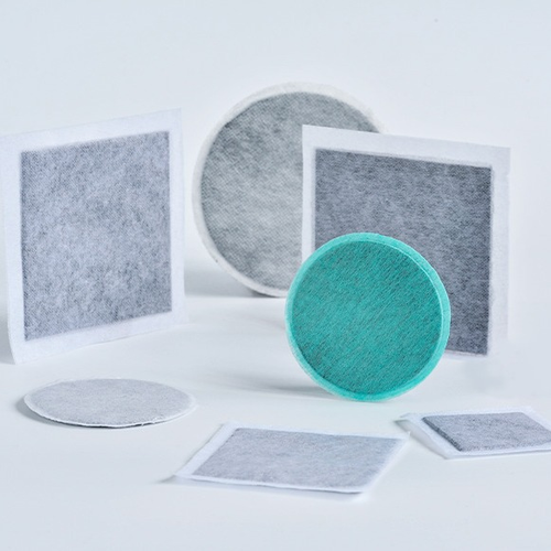 Activated carbon fiber cloth swatches, gray white and teal filtration fabric samples